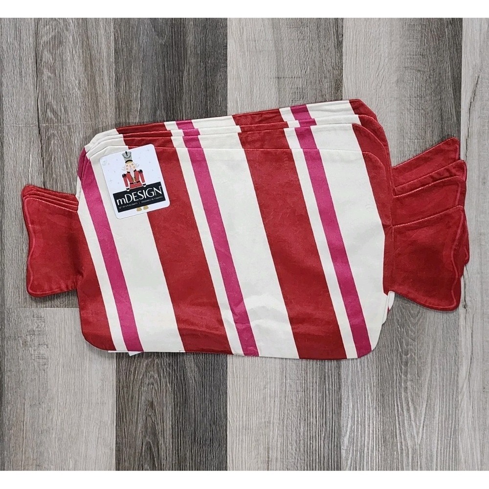 Peppermint Candy Shaped Placemats Velvet Red White Stripes 13x19 Christmas 4 Pc‎ - Picture 2 of 5